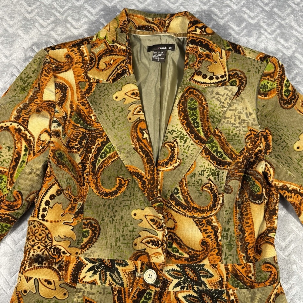 VINTAGE Y2K Corduroy Paisley Blazer Jacket 70s Hippie Streetwear Boho Orange